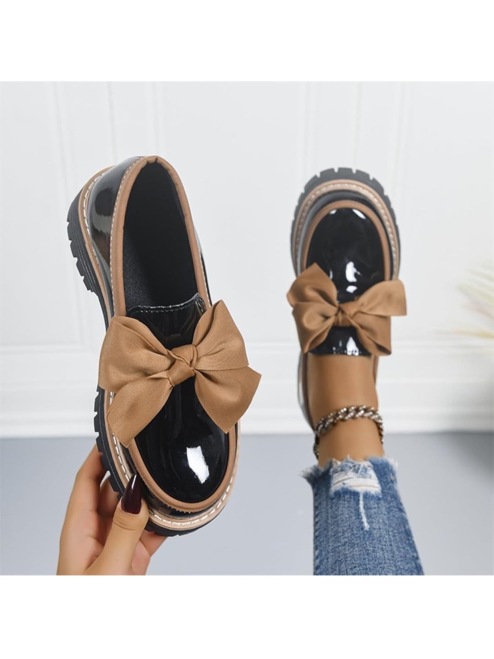 Patent Leather Bow Loafers in Black and Tan - Women Shoes